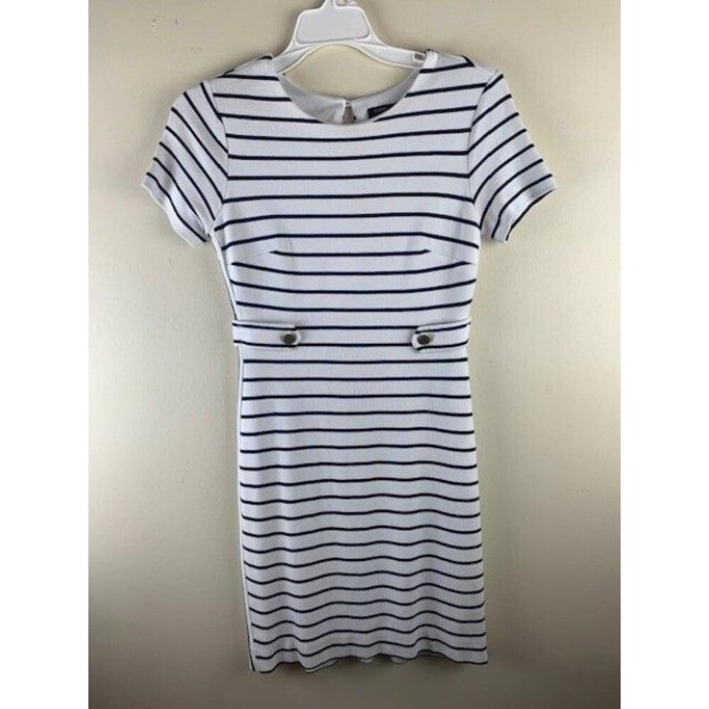 Banana Republic Size 0 Womens Knit Dress Knee Length Back Zip Black White Stripe